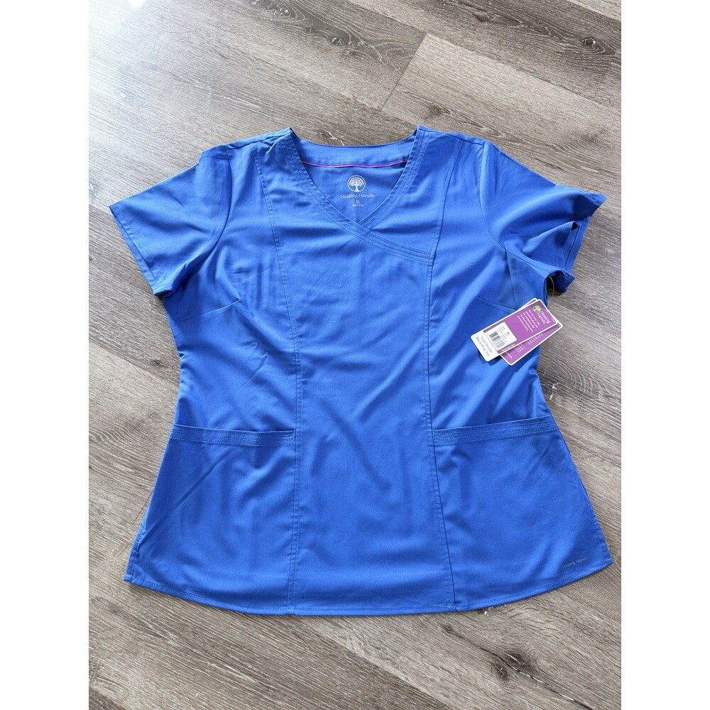 NWT Purple Label Yoga by Healing Hands Women  Size Xl Navy Blue V-Neck Scrub Top